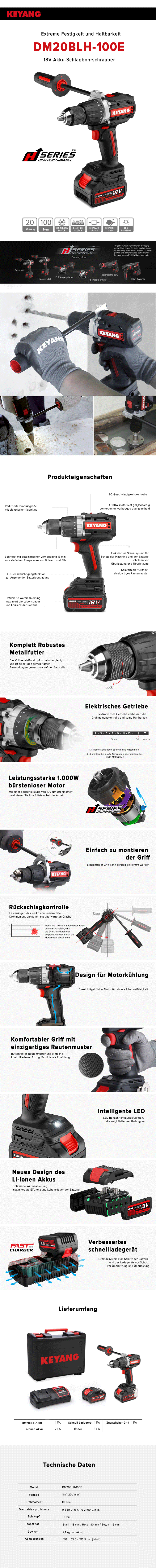 Keyang DM20BLH100E Akku-Schlagbohrschrauber - 18V 5.0Ah