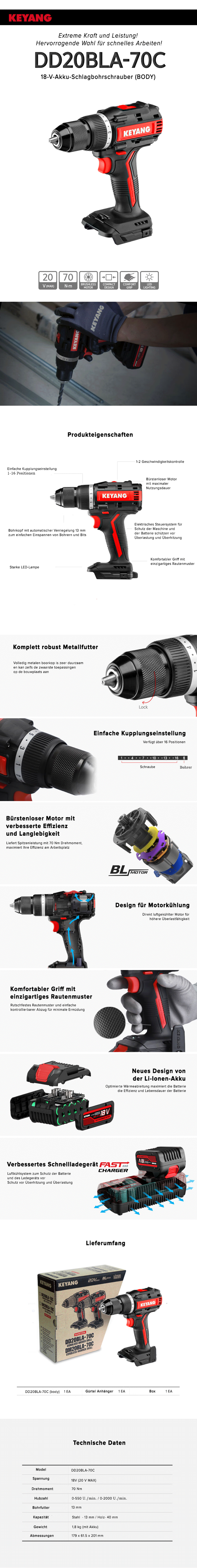 Keyang DD20BLA70C Akku-Bohrmaschine/Schrauber – BODY