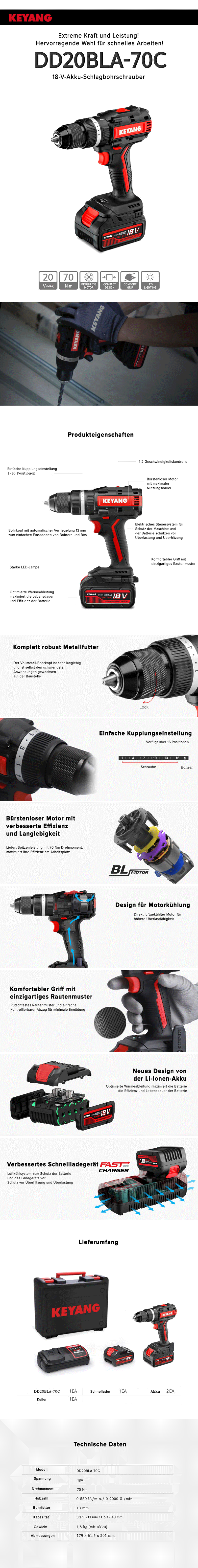 Keyang DD20BLA70C Akku-Bohrschrauber 70Nm - 18V 5.0Ah