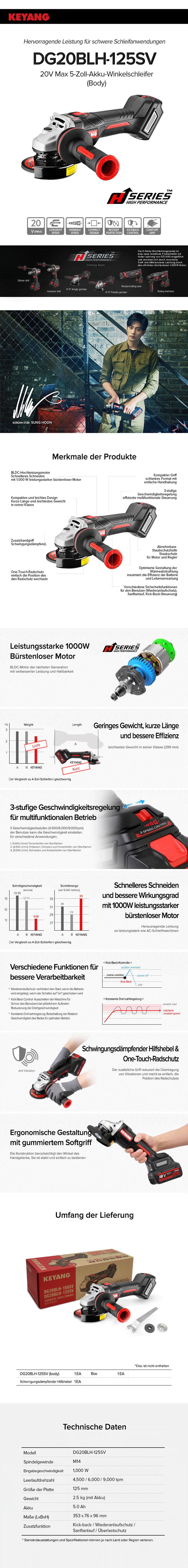 Keyang DG20BLH-125SV Accu-Winkelschleifer 125mm 18V - BODY