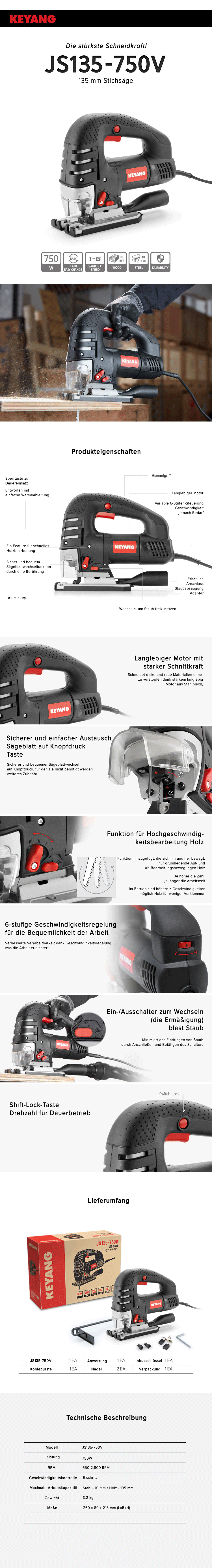 Keyang JS135-750V Stichsäge 135 mm - 750W