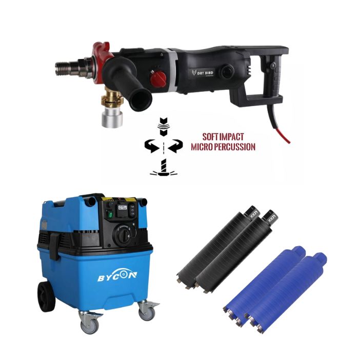 Professioneller BYCON Bau-Staubsauger AVC38-HEPA & Brushless Diamantbohrmaschine DB-162 mit 4 Bohrern. Perfekt für Klimaanlagenmonteure und Installateure.