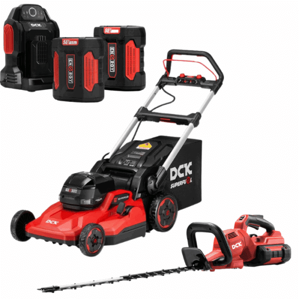 DCK Tools 58V Rasen & Hecke Kombi – Akku-Rasenmäher + Heckenschere mit zusätzlichem 5.0Ah Akku