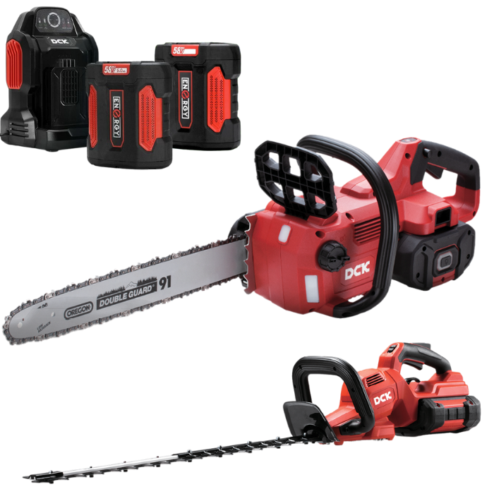DCK Tools 58V Schnittpaket PRO – Akku-Kettensäge + Heckenschere mit zusätzlichem 5.0Ah Akku