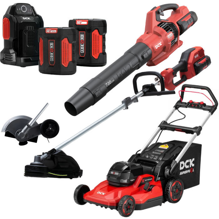 DCK Tools 58V Gartenpflege Gesamtpaket – Kombimotor + Rasenmäher + Laubbläser + Rasenkantenschneider + zusätzlicher 5.0Ah Akku