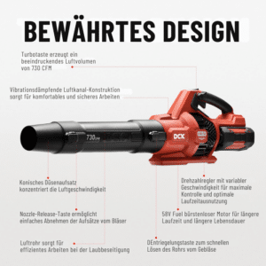 DCK Tools 58V Gartenpflege Gesamtpaket – Kombimotor + Rasenmäher + Laubbläser + Rasenkantenschneider + zusätzlicher 5.0Ah Akku – Bild 7